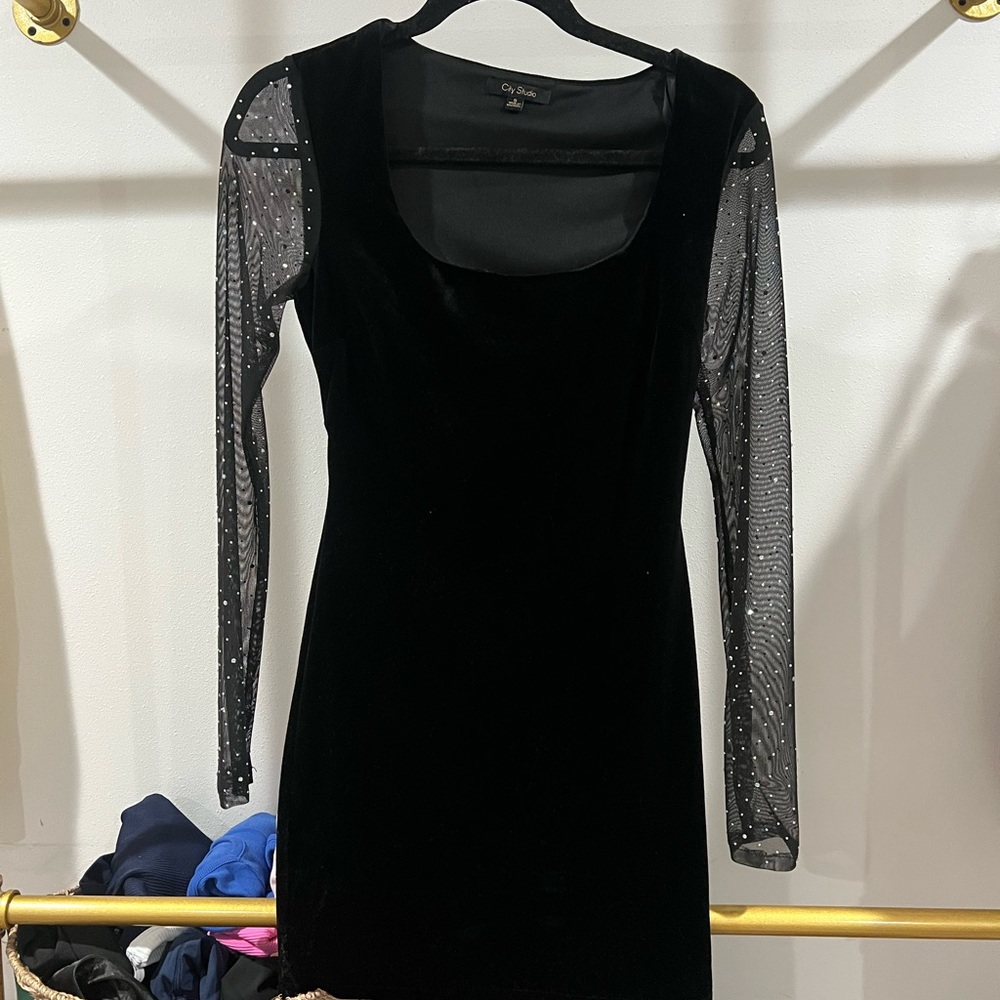 City Studio Black Velvet Dress with Sheer Sleeves